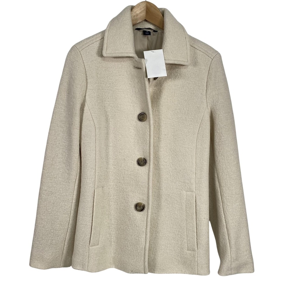 Lands End Coat Womens‎ 4 Cream Wool Blend Button Up Lined Pea Jacket Classic